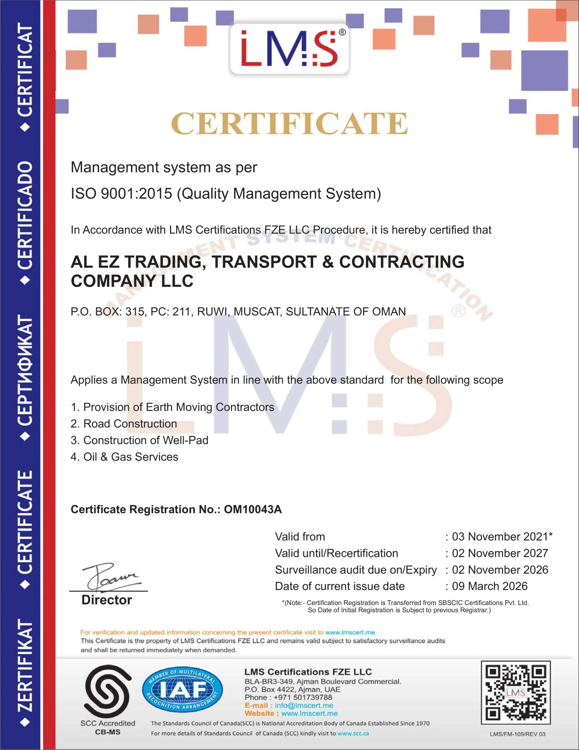 ISO 9001:2015 Certificate valid until 2027